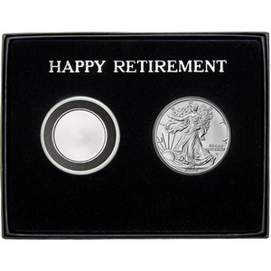 Happy Retirement Half Ounce Blank Silver Medallion and Silver American Eagle 2pc Gift Set Happy Retirement Half Ounce Blank Silver Medallion and Silver American Eagle 2pc Gift Set