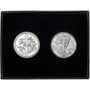 Religious Cross Silver Medallion and Silver American Eagle 2pc Gift Set Religious Cross Silver Medallion and Silver American Eagle 2pc Gift Set