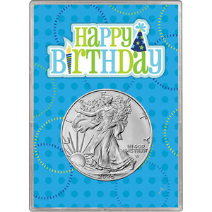 2026 Silver American Eagle BU in Hat Blue Happy Birthday Gift Holder