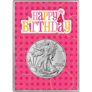 2026 Silver American Eagle BU in Hat Pink Happy Birthday Gift Holder