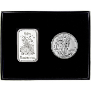 Happy Thanksgiving Harvest Silver Bar and Silver American Eagle 2pc Gift Set Happy Thanksgiving Harvest Silver Bar and Silver American Eagle 2pc Gift Set