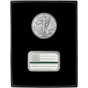 Enameled Green Line American Flag Silver Bar and Silver American Eagle 2pc Gift Set Enameled Green Line American Flag Silver Bar and Silver American Eagle 2pc Gift Set