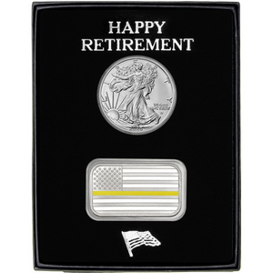 Happy Retirement Enameled Gold Line American Flag Silver Bar and Silver American Eagle 2pc Gift Set Happy Retirement Enameled Gold Line American Flag Silver Bar and Silver American Eagle 2pc Gift Set