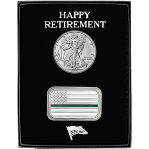Happy Retirement Enameled Green Line American Flag Silver Bar and Silver American Eagle 2pc Gift Set Happy Retirement Enameled Green Line American Flag Silver Bar and Silver American Eagle 2pc Gift Set