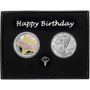 Make a Wish! Happy Birthday Enameled Pink Silver Medallion and Silver American Eagle 2pc Gift Set