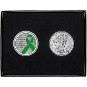 Green Awareness Ribbon Silver Medallion Enameled and Silver American Eagle 2pc Gift Set Green Awareness Ribbon Silver Medallion Enameled and Silver American Eagle 2pc Gift Set