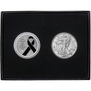 Black Awareness Ribbon Silver Medallion Enameled and Silver American Eagle 2pc Gift Set Black Awareness Ribbon Silver Medallion Enameled and Silver American Eagle 2pc Gift Set