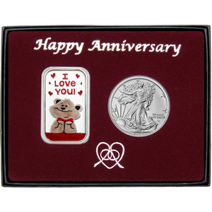 Happy Anniversary Enameled I Love You Bear Silver Bar and Silver American Eagle 2pc Gift Set