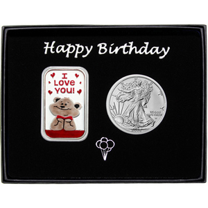 Happy Birthday Enameled I Love You Bear Silver Bar and Silver American Eagle 2pc Gift Set