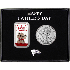 Happy Father's Day Enameled I Love You Bear Silver Bar and Silver American Eagle 2pc Gift Set