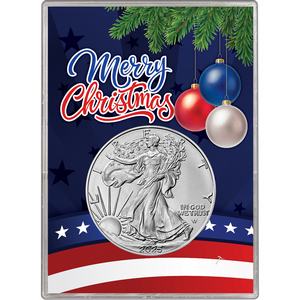 2025 Silver American Eagle BU in Patriotic Merry Christmas Gift Holder