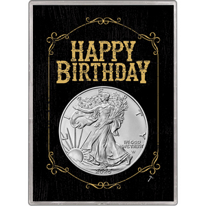 2025 Silver American Eagle BU in Black & Gold Happy Birthday Gift Holder 2025 Silver American Eagle BU in Black & Gold Happy Birthday Gift Holder