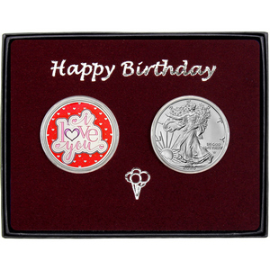Birthday Enameled I Love You Silver Medallion and Silver American Eagle 2pc Gift Set