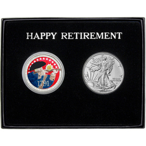 Happy Retirement Enameled 2nd Amendment Silver Medallion and Silver American Eagle 2pc Gift Set Happy Retirement Enameled 2nd Amendment Silver Medallion and Silver American Eagle 2pc Gift Set