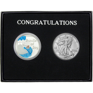 Congratulations Bundle of Joy Enameled Blue Silver Medallion and Silver American Eagle 2pc Gift Set Congratulations Bundle of Joy Enameled Blue Silver Medallion and Silver American Eagle 2pc Gift Set