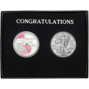 Congratulations Bundle of Joy Enameled Pink Silver Medallion and Silver American Eagle 2pc Gift Set Congratulations Bundle of Joy Enameled Pink Silver Medallion and Silver American Eagle 2pc Gift Set