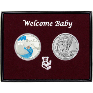 Welcome Baby Bundle of Joy Enameled Blue Silver Medallion and Silver American Eagle 2pc Gift Set Welcome Baby Bundle of Joy Enameled Blue Silver Medallion and Silver American Eagle 2pc Gift Set