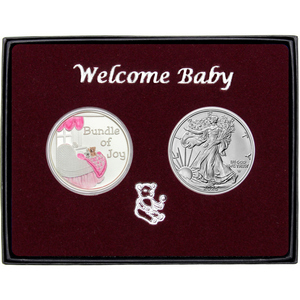 Welcome Baby Bundle of Joy Enameled Pink Silver Medallion and Silver American Eagle 2pc Gift Set Welcome Baby Bundle of Joy Enameled Pink Silver Medallion and Silver American Eagle 2pc Gift Set