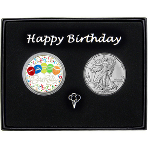 Happy Birthday Enameled Silver Medallion and Silver American Eagle 2pc Gift Set