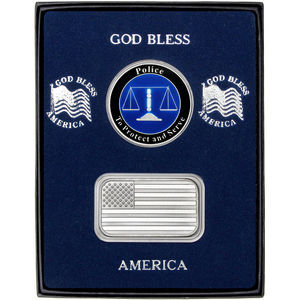 American Flag Silver Bar and Enameled Police Medallion 2pc Gift Set American Flag Silver Bar and Enameled Police Medallion 2pc Gift Set