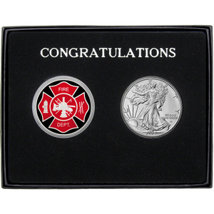 Congratulations Enameled Fire Department Silver Medallion and Silver American Eagle 2pc Gift Set