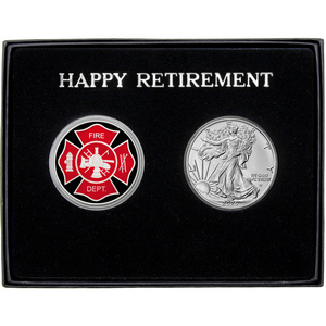 Happy Retirement Enameled Fire Department Silver Medallion and Silver American Eagle 2pc Gift Set