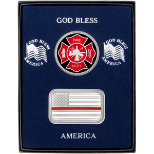 Enameled Red Line American Flag Silver Bar and Enameled Fire Department Silver Medallion 2pc Gift Set