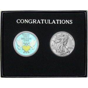 Congratulations Wedding Doves Silver Enameled Medallion and Silver American Eagle 2pc Gift Set