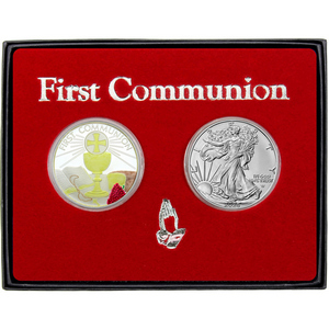 First Communion Enameled Silver Medallion and Silver American Eagle 2pc Gift Set First Communion Enameled Silver Medallion and Silver American Eagle 2pc Gift Set