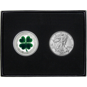 Lucky Four Leaf Clover Enameled Silver Medallion and Silver American Eagle 2pc Gift Set Lucky Four Leaf Clover Enameled Silver Medallion and Silver American Eagle 2pc Gift Set