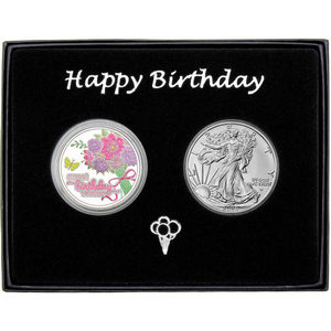 Birthday Wishes Enameled Silver Medallion and Silver American Eagle 2pc Gift Set