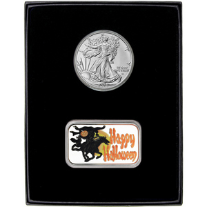 Halloween Headless Horseman Enameled Silver Bar and Silver American Eagle 2pc Gift Set Halloween Headless Horseman Enameled Silver Bar and Silver American Eagle 2pc Gift Set