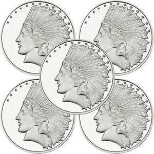 SilverTowne Trademark $10 Gold Indian Replica Struck in 1oz .999 Silver Medallion 5pc SilverTowne Trademark $10 Gold Indian Replica Struck in 1oz .999 Silver Medallion 5pc