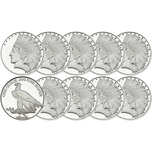 SilverTowne Trademark $10 Gold Indian Replica Struck in 1oz .999 Silver Medallion 10pc SilverTowne Trademark $10 Gold Indian Replica Struck in 1oz .999 Silver Medallion 10pc