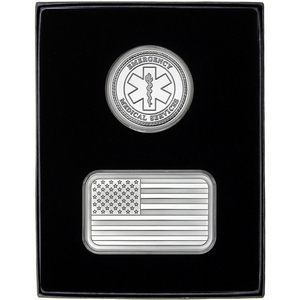 American Flag 5oz Silver Bar and EMS Silver Medallion 2pc Gift Set American Flag 5oz Silver Bar and EMS Silver Medallion 2pc Gift Set