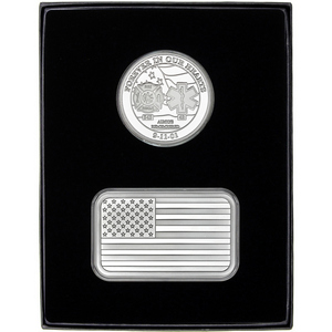 9/11 Tribute Silver Medallion and 5oz American Flag Silver Bar 2pc Gift Set