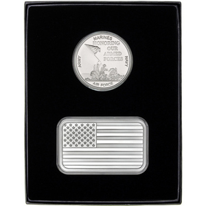 American Flag 5oz Silver Bar and Armed Forces Silver Medallion 2pc Gift Set