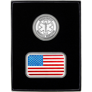 Enameled American Flag 5oz Silver Bar and EMS Silver Medallion 2pc Gift Set Enameled American Flag 5oz Silver Bar and EMS Silver Medallion 2pc Gift Set