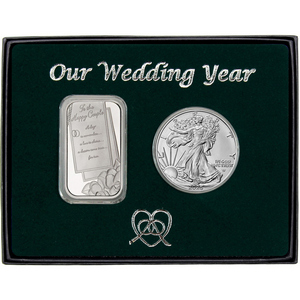 Our Wedding Year Silver Bar and Silver American Eagle 2pc Gift Set Our Wedding Year Silver Bar and Silver American Eagle 2pc Gift Set