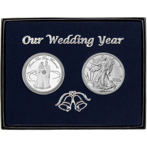 Our Wedding Year Silver Couple Medallion and Silver American Eagle 2pc Gift Set Our Wedding Year Silver Couple Medallion and Silver American Eagle 2pc Gift Set