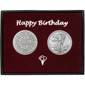 Happy Birthday Stripes Silver Round and Silver American Eagle 2pc Gift Set