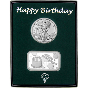 Happy Birthday Silver Bar and Silver American Eagle 2pc Gift Set
