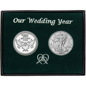 Our Wedding Year Silver Doves Medallion and Silver American Eagle 2pc Gift Set Our Wedding Year Silver Doves Medallion and Silver American Eagle 2pc Gift Set