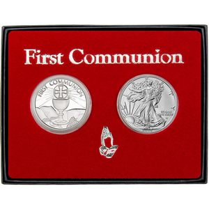 First Communion Silver Medallion and Silver American Eagle 2pc Gift Set First Communion Silver Medallion and Silver American Eagle 2pc Gift Set