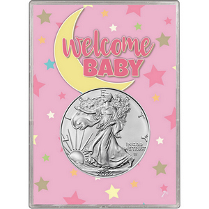2022 Silver American Eagle BU in Pink Welcome Baby Gift Holder