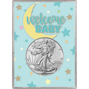 2022 Silver American Eagle BU in Blue Welcome Baby Gift Holder