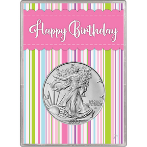 2022 Silver American Eagle BU in Pink Happy Birthday Gift Holder