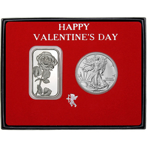 Valentine Rose Silver Bar and Silver American Eagle 2pc Gift Set Valentine Rose Silver Bar and Silver American Eagle 2pc Gift Set