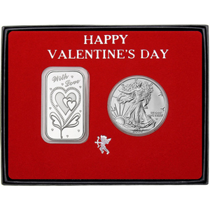 Valentine With Love Hearts Silver Bar and Silver American Eagle 2pc Gift Set Valentine With Love Hearts Silver Bar and Silver American Eagle 2pc Gift Set