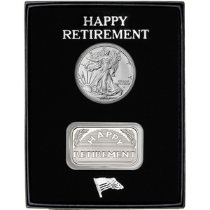 Retirement Year Happy Retirement Silver Bar and Silver American Eagle 2pc Gift Set Retirement Year Happy Retirement Silver Bar and Silver American Eagle 2pc Gift Set